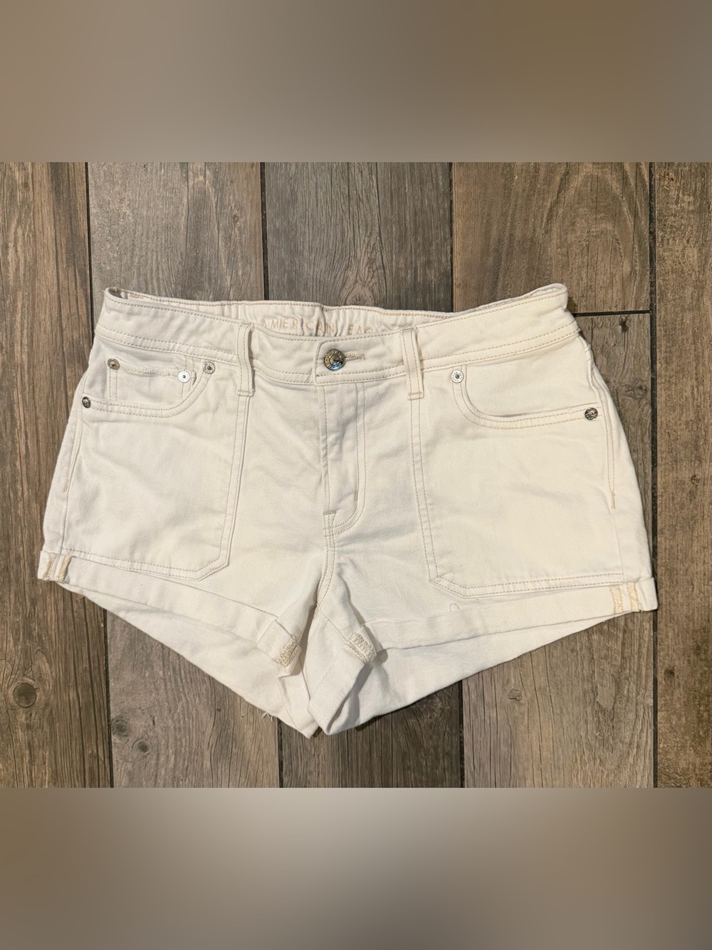 AE White Women's Denim Shorts with Tan Stitching - Picture 2 of 5